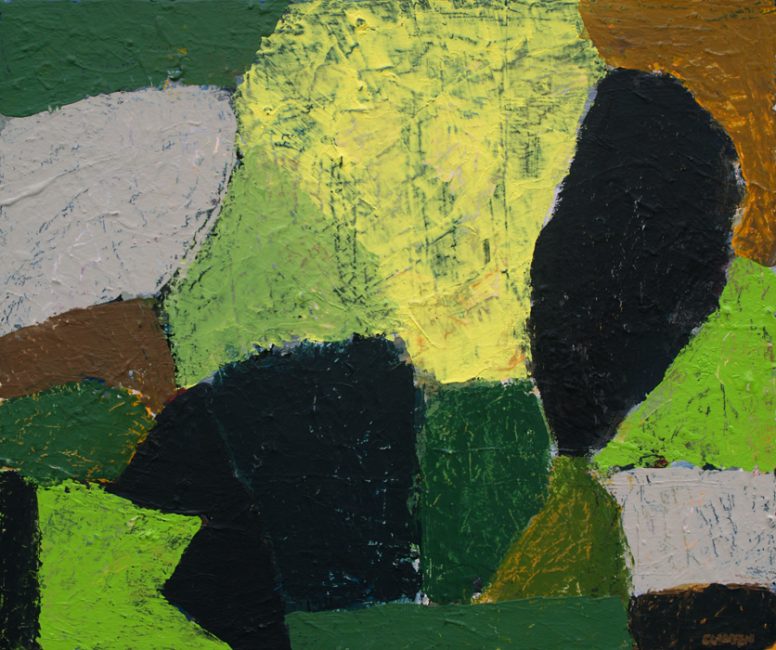 Abstrakt skovbillede i felter af grøn grå og sort Hans clausen maleri Slesvig