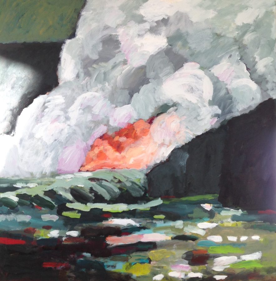 Vulkan lava hav bjerg damp røg ild Nordic art Island han clausen